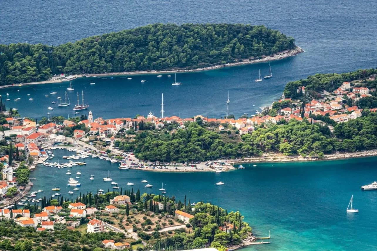 Panoramic view of Cavtat on Dubrovnik Riviera with Adriatic Sea and harbor