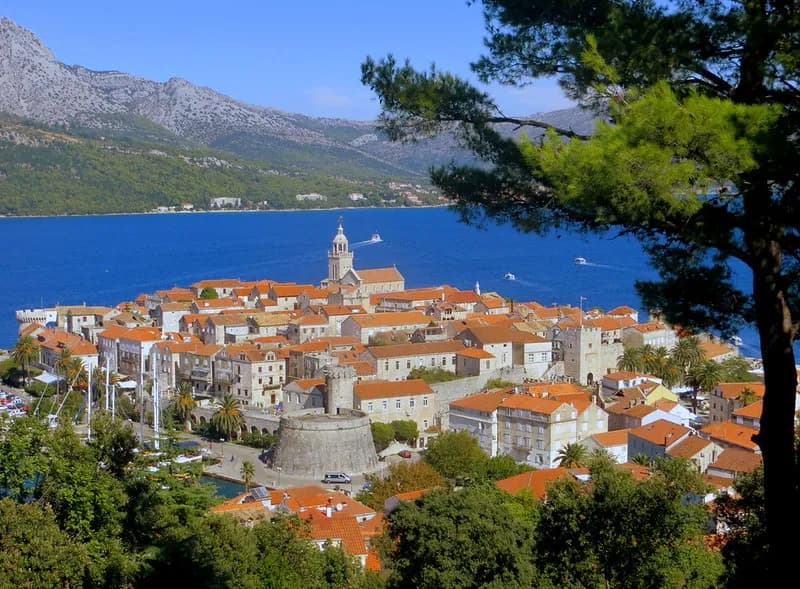 Panoramic view of Korcula old town on Adriatic coast in Croatia